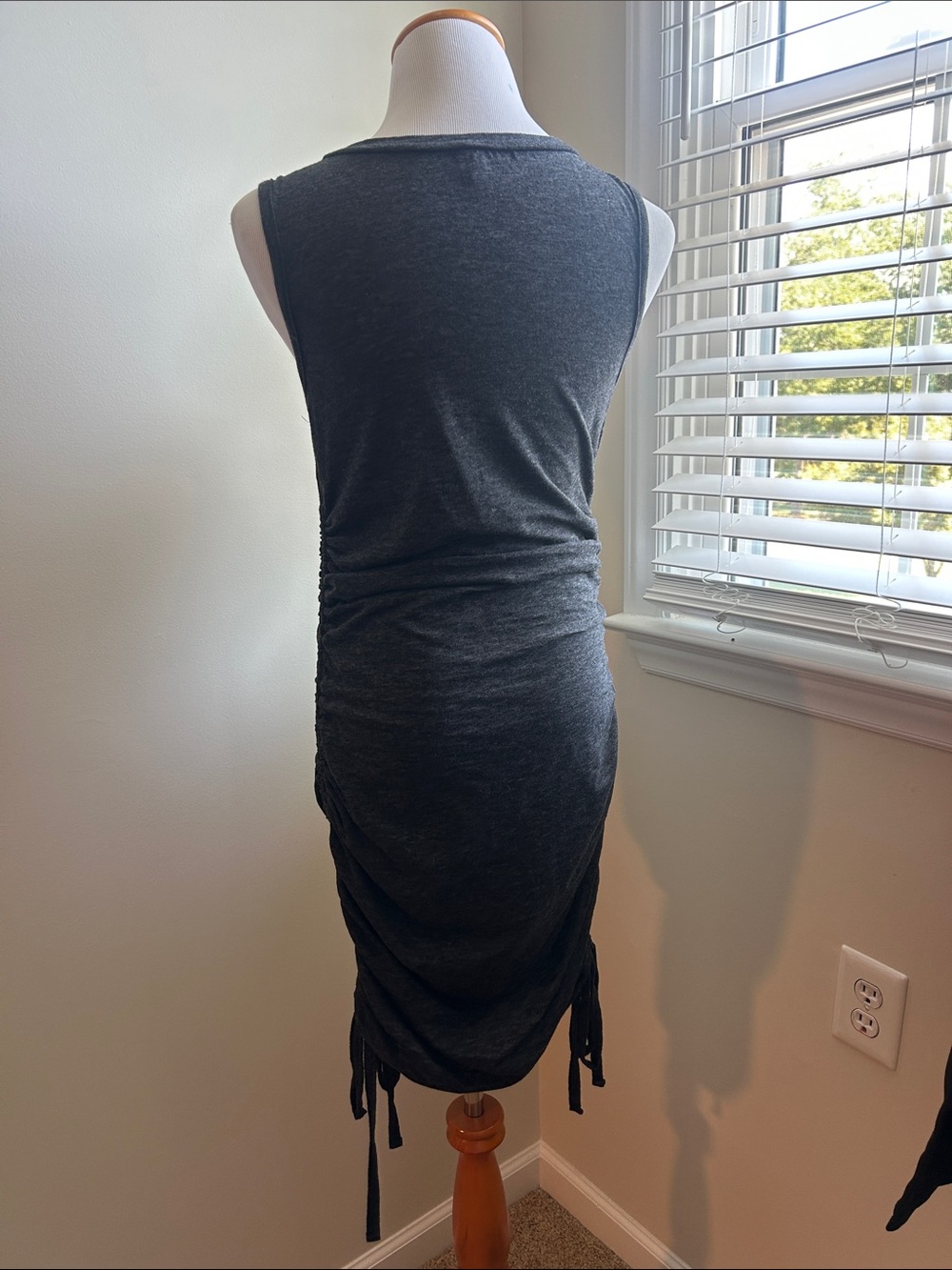 Charcoal Sleeveless Ruched Drawstring Dress - Rushing allows various lengths. - Picture 3 of 3